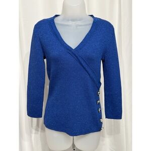 Cable & Gauge blue metallic V-neck Size M sweater w/ side mock Jewel buttons NWT